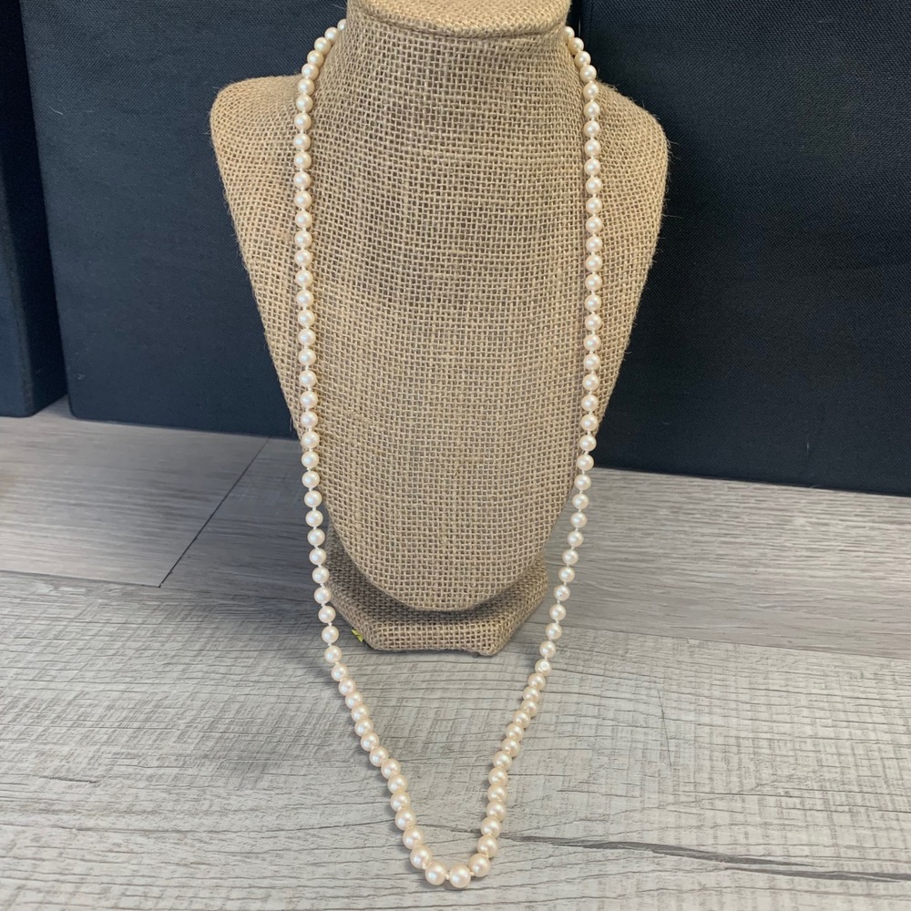 Vintage Hand Knotted Faux Pearl Necklace 30 Inch Opera Length Filigree Clasp